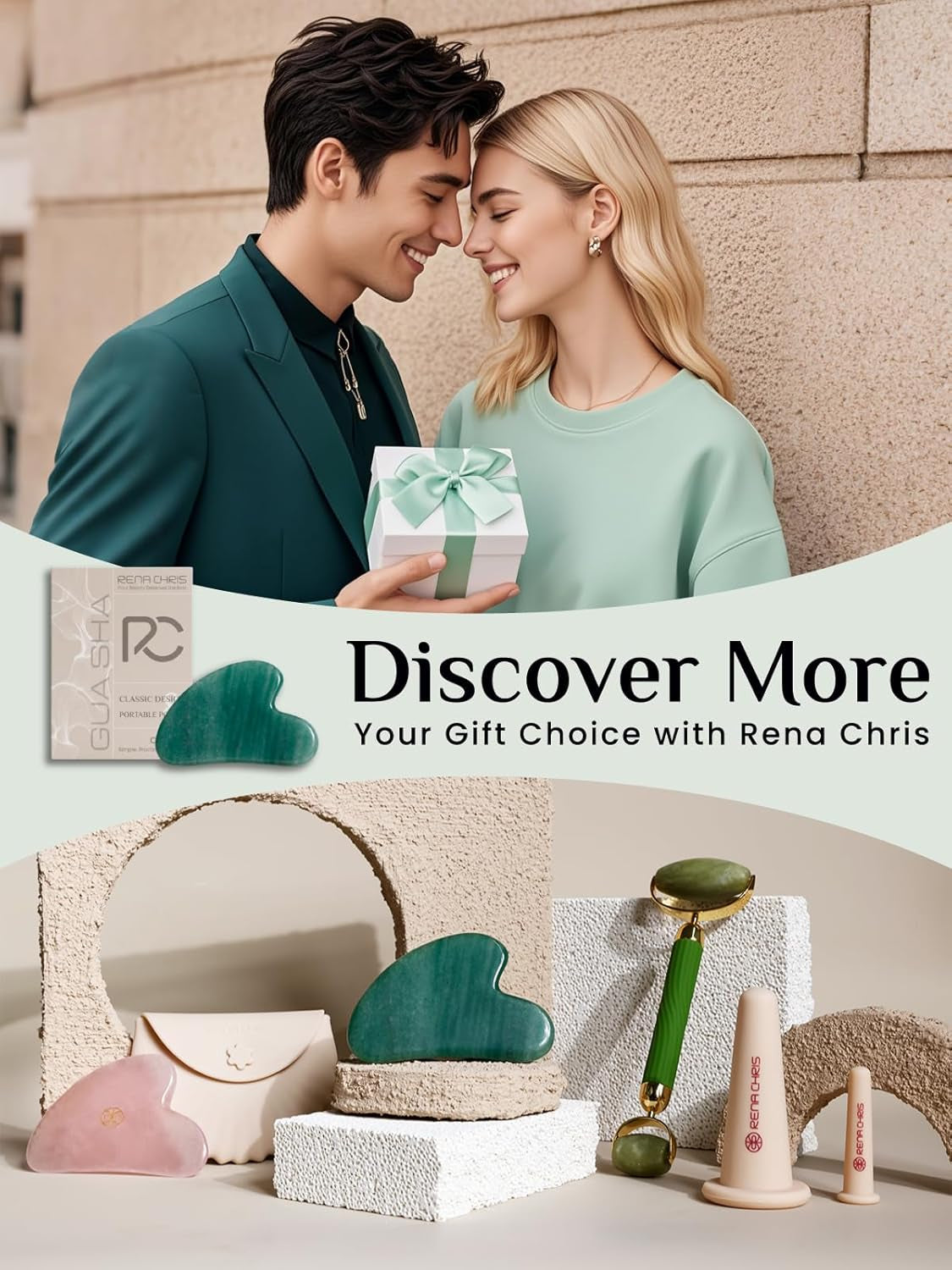 Gua Sha Facial Tools: Jade Stone Guasha Tool for Face Acupuncture Therapy, Facial Massager for Jawline Sculpting and Puffiness Reducing (Green)