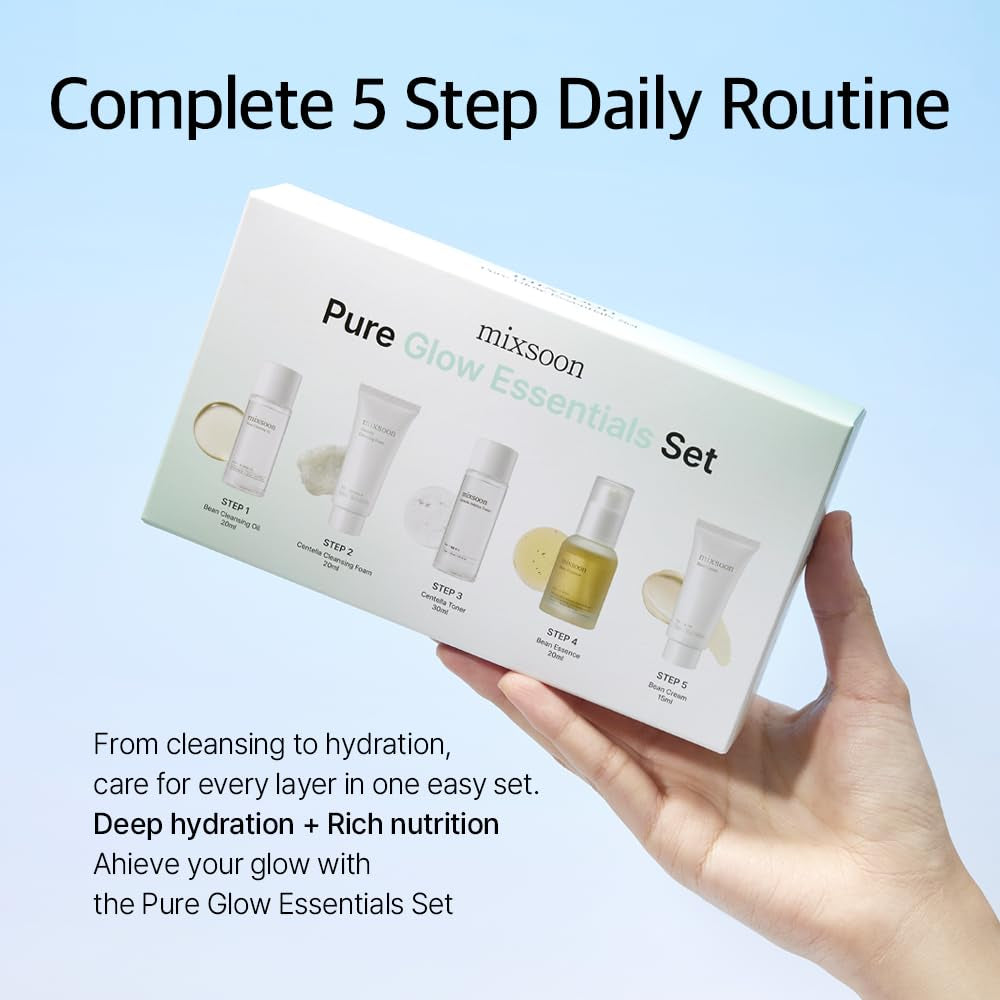 Pure Glow Essentials Set - 5-Step Skincare Kit - Travel Kit, Travel Size Kit, Hydrating Skincare Gift Set (15Ml*1+20Ml*3+30Ml*1) Korean Glass Skin Care