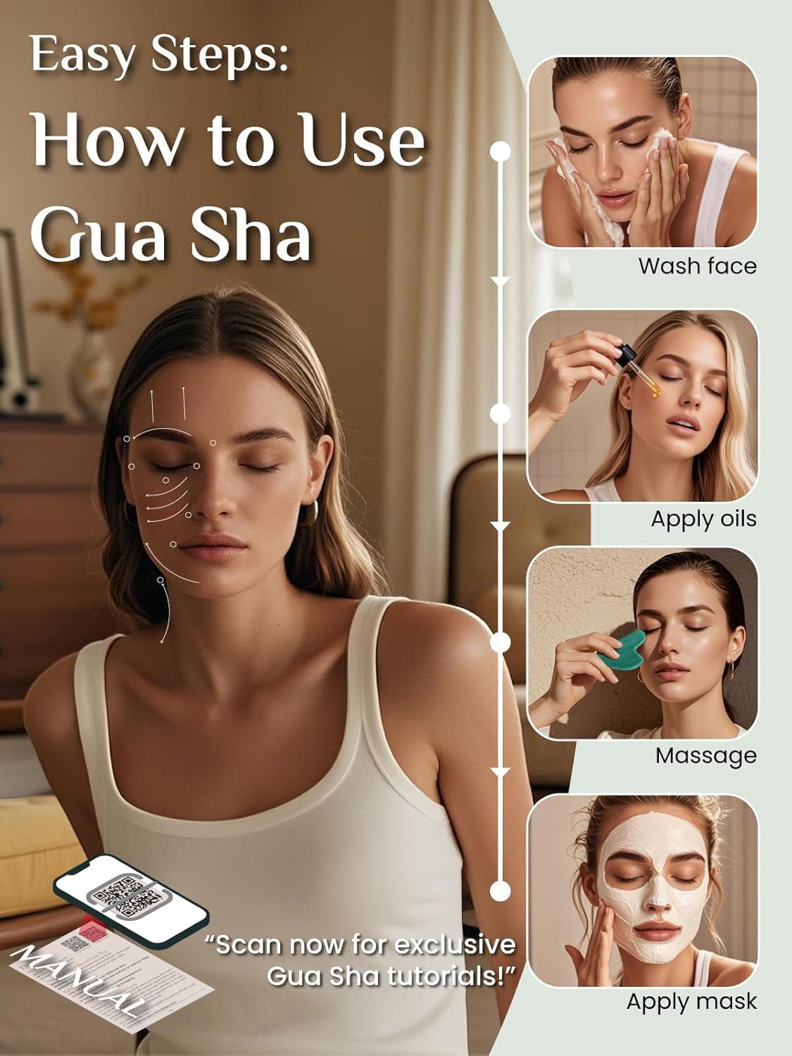 Gua Sha Facial Tools: Jade Stone Guasha Tool for Face Acupuncture Therapy, Facial Massager for Jawline Sculpting and Puffiness Reducing (Green)