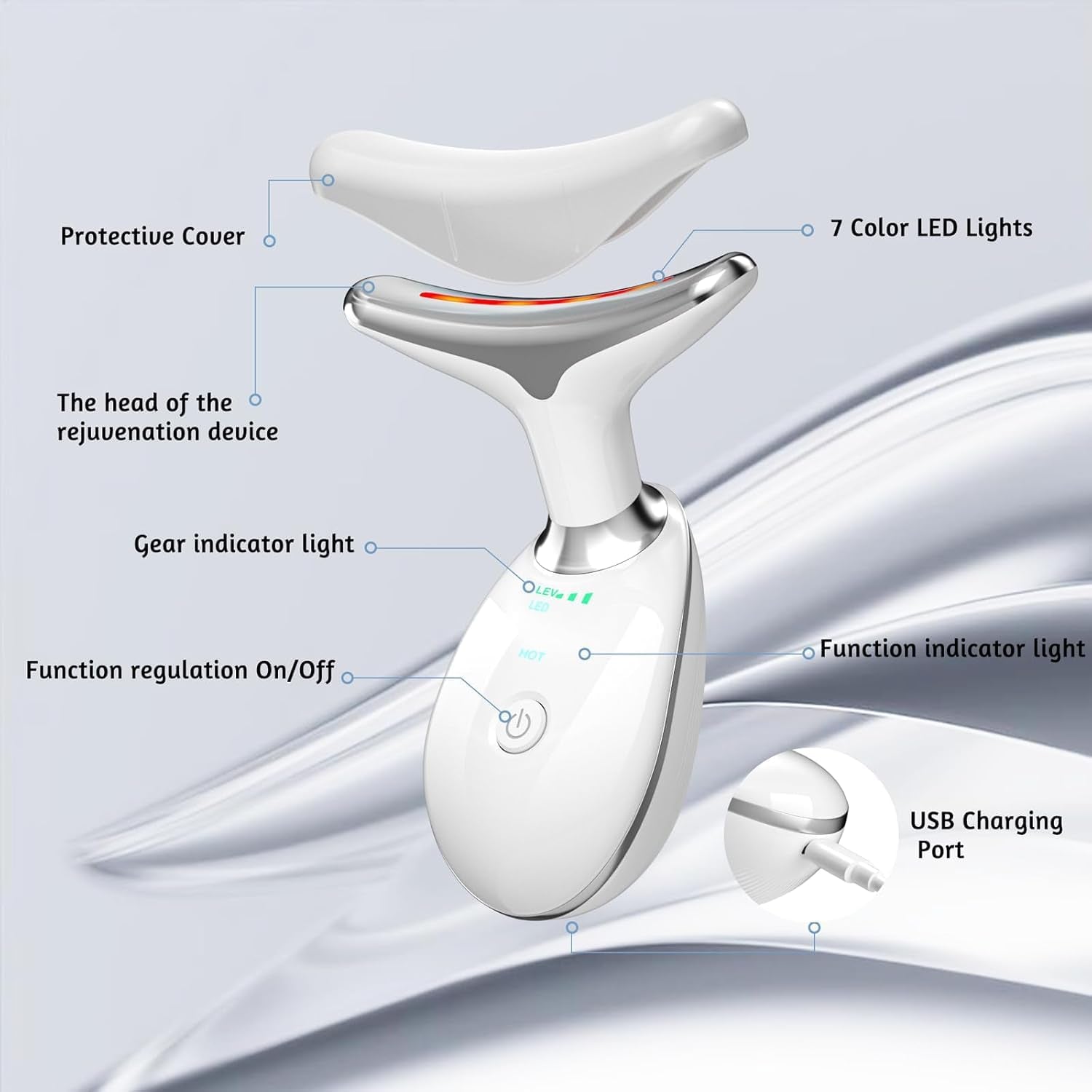 7 in 1 Face Massager Tool, Red Light Therapy for Face and Neck, Red Light Therapy Wand, Face Lift Device for Skin Care, White