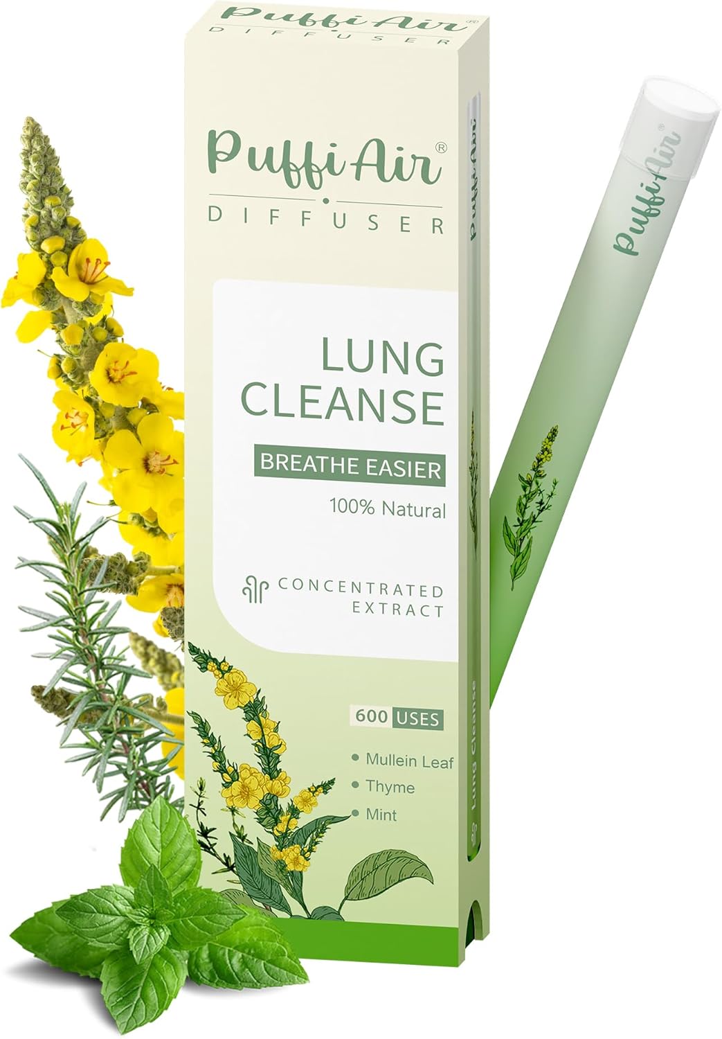 Herbal Diffuser Pen, Lung Cleanse Diffuser with Mullein, Thyme & Mint for Better Breathing, All Natural Swap - 600 Uses, 1 Diffuser, 1 Pack