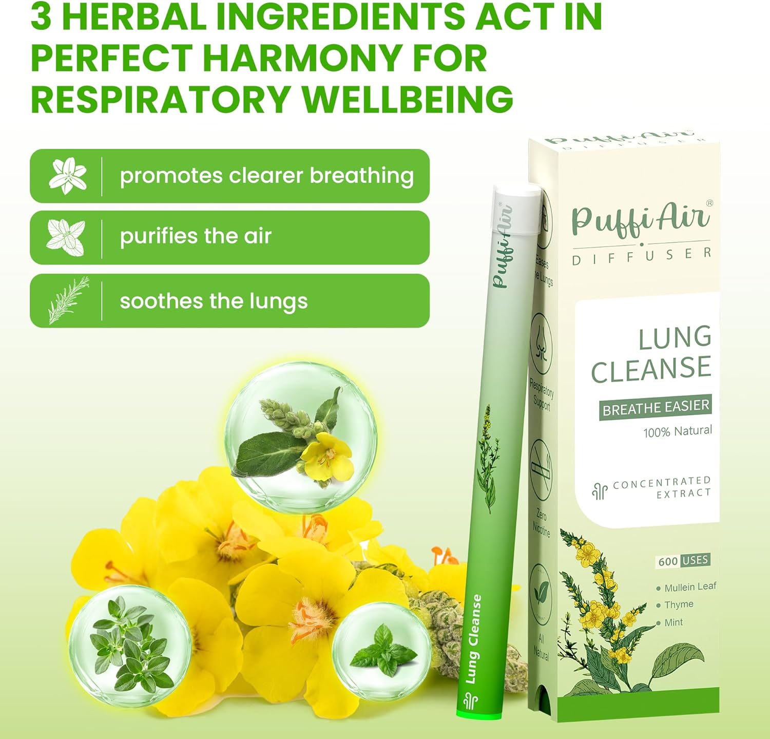 Herbal Diffuser Pen, Lung Cleanse Diffuser with Mullein, Thyme & Mint for Better Breathing, All Natural Swap - 600 Uses, 1 Diffuser, 1 Pack