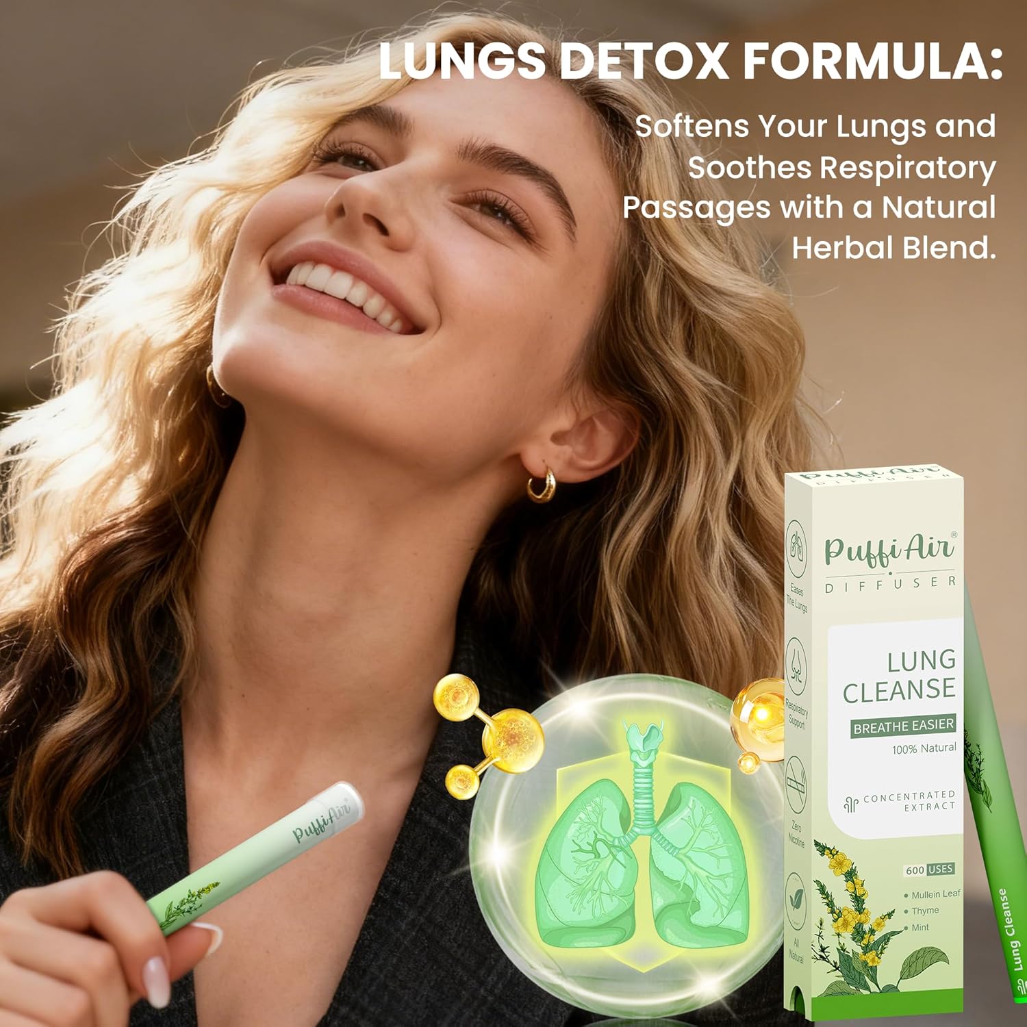 Herbal Diffuser Pen, Lung Cleanse Diffuser with Mullein, Thyme & Mint for Better Breathing, All Natural Swap - 600 Uses, 1 Diffuser, 1 Pack